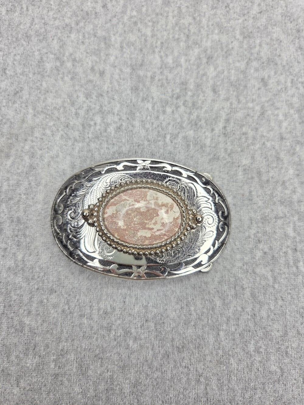 Vintage Womens Ornate Silver Tone Oval Belt Buckle Pink White Stone Cabochon